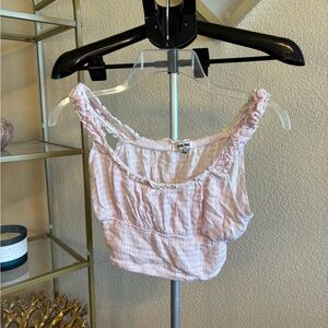 Michael Paige Pink Gingham Smocked Crop Tank Top Ruffle Straps Size S